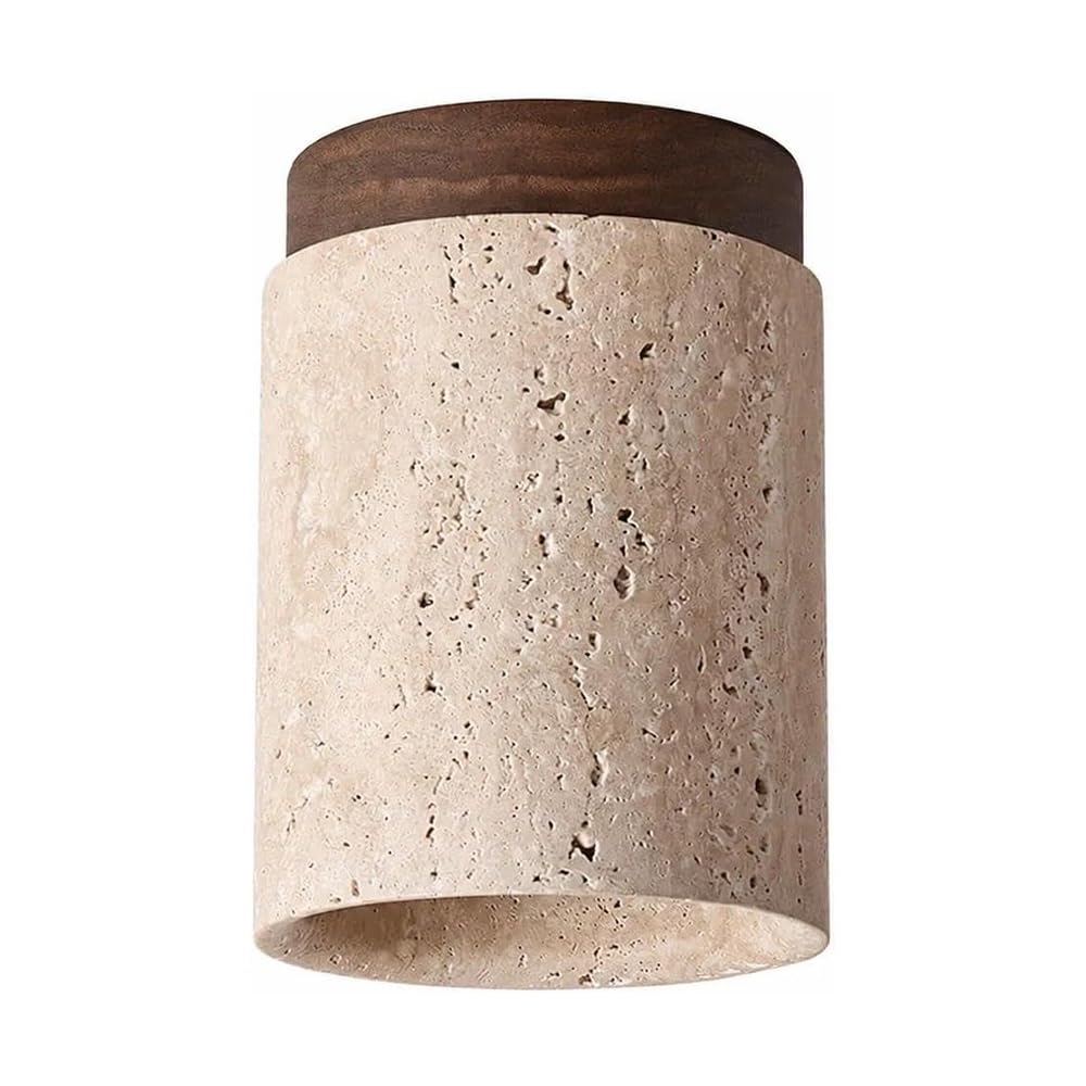 ITOSUI Travertine Flush Mount Ceiling Light Minimalist Beige Stone Spotlight Wood Base 6.3-Inch Cylinder Ceiling Lamp for Hallway Entryway Balcony Cloakroom Porch E26 Base(Walnut)