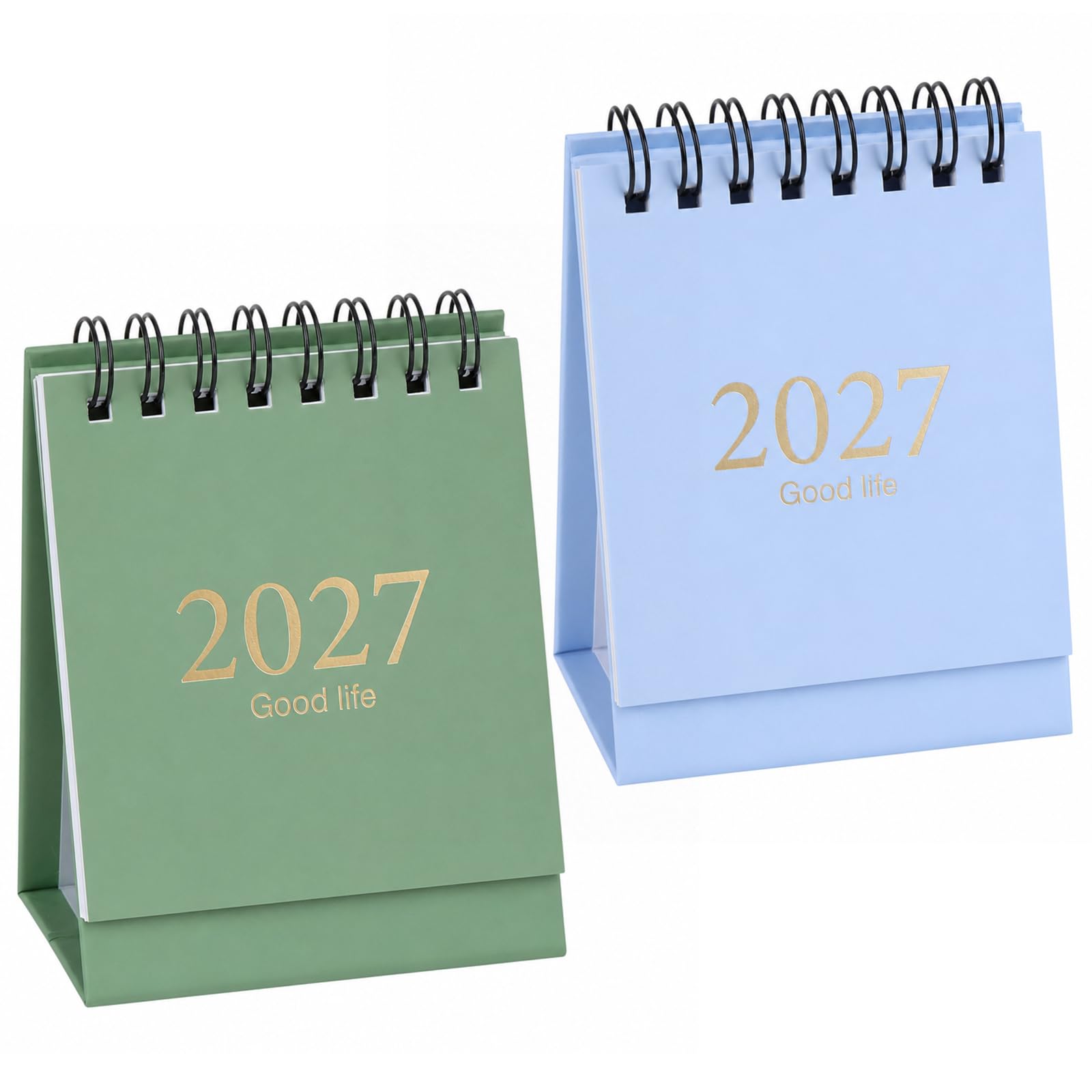 2PCS Desk Calendar 2027–2028 UK, Blue/Green Minimalist with Adhesive Labels
