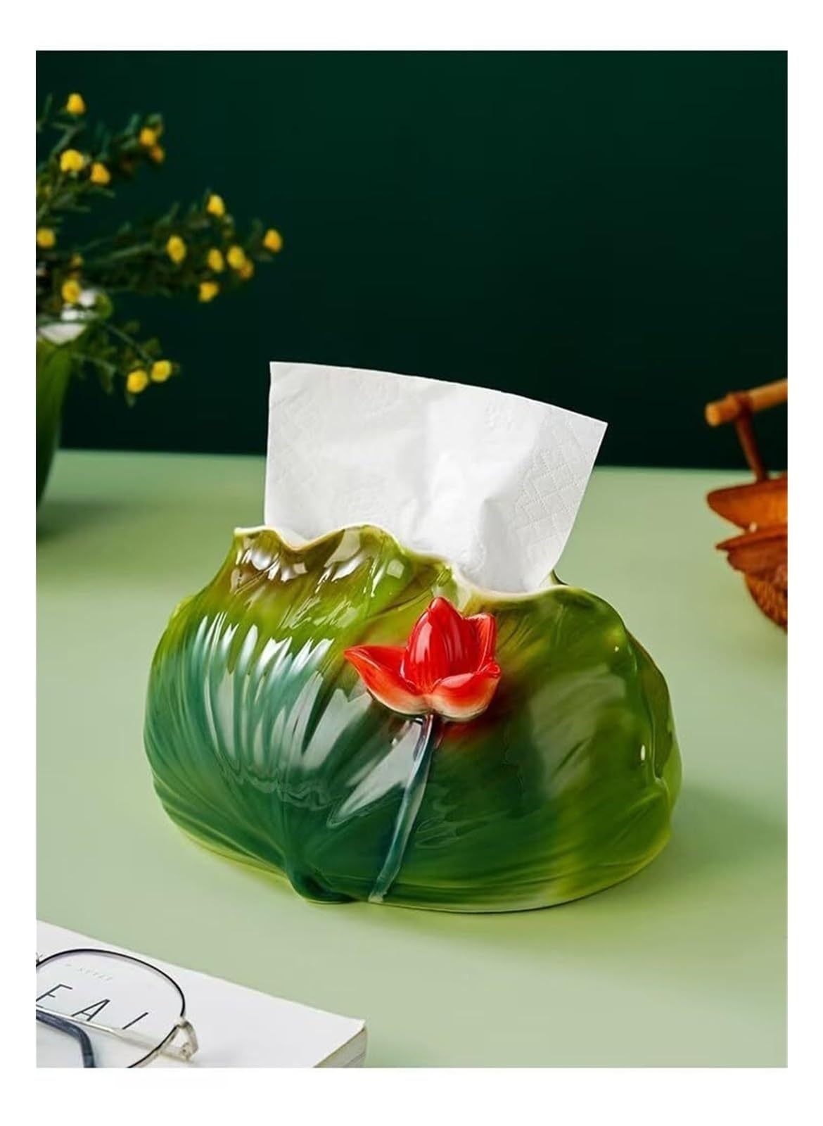 Okładki na pudełko na chusteczki dekoracyjne podszkliwny kwiat lotosu emaliowany ceramiczny wazon i miska zestaw zielony czerwony kwiatowy wzór estetyczny wystrój domu (pudełko na herbatę z liści