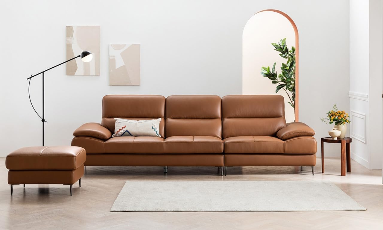 Fabrique Launch 4 Seater with Puffy Leatherette Luxury Brown Sofa Set - Comfortable Furniture for Home Office & Living Room - Easy to Move - Stainless Steel Legs-image-25