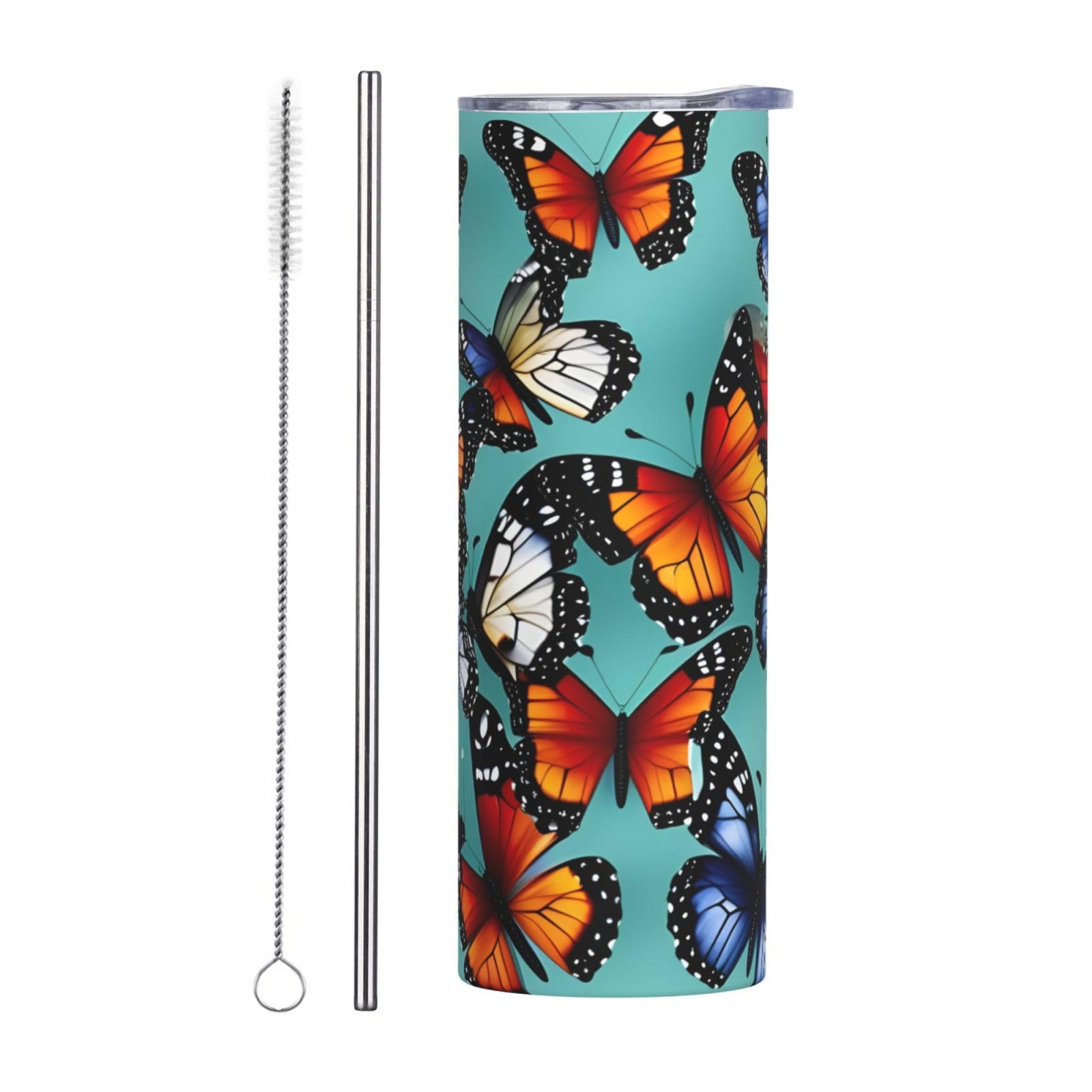 Straw Two-Piece Set Stainless Steel Mug â€“ 20 oz Butterfly and Cello Print Insulated Water Bottle, Ideal for Office, Car, Camping, Sports