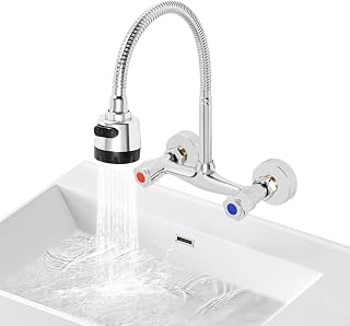 Grifo de lavabo montado en la pared, con manguera de ducha extensible, giratorio 360°, grifo para cocina y baño, 2 tipos de chorros