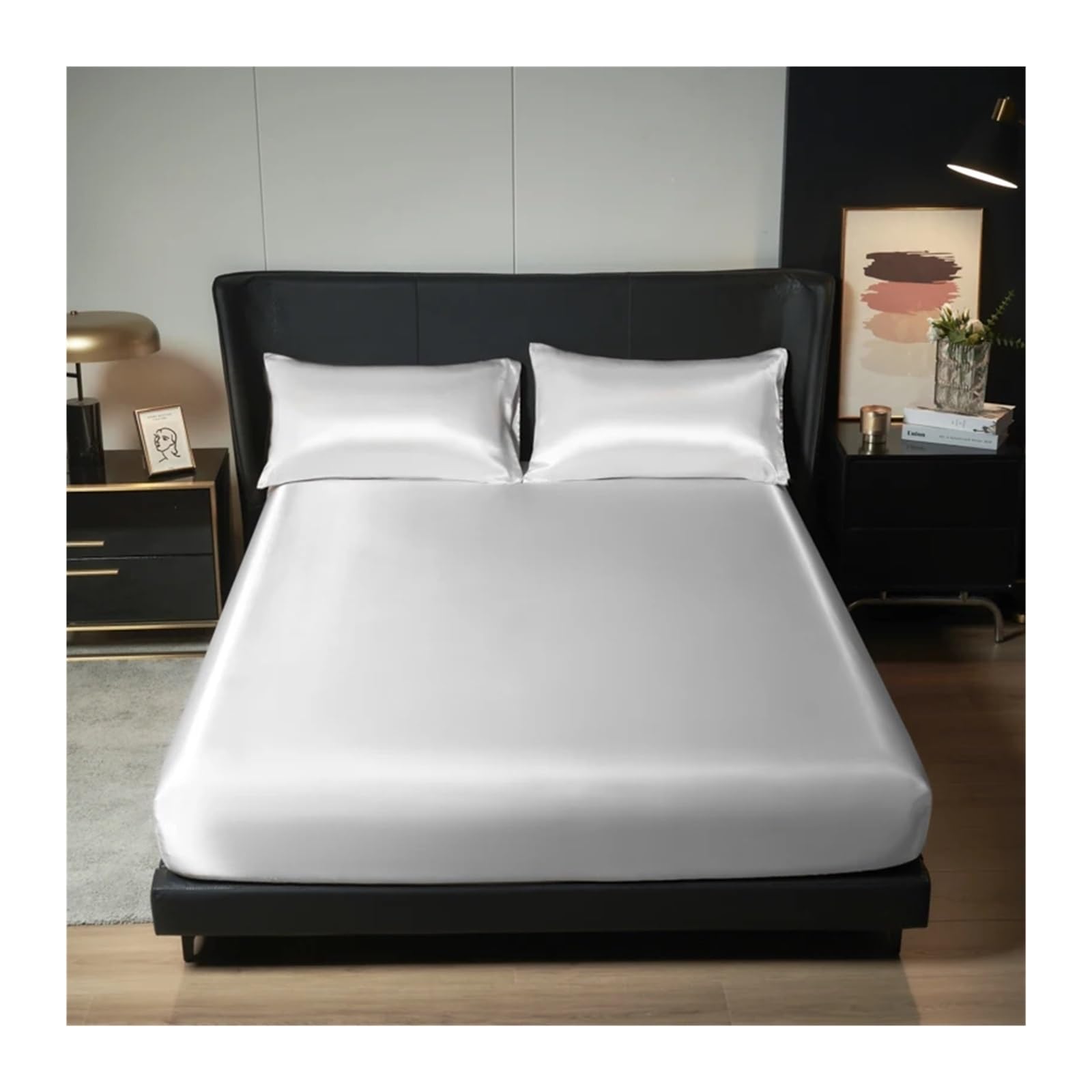 Drap housse 180x200 drap satin polyester blanc grand bonnet avec élastique