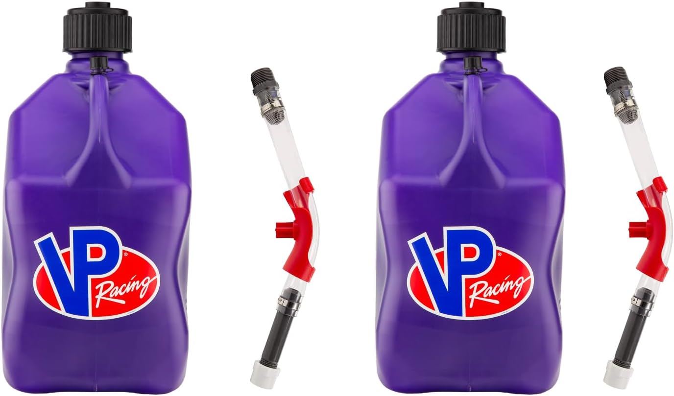 VP Racing 3612-CA, Square Motorsport Jug 5.5 Gallon -Translucent Purple, With Deluxe Filter Hose, and Hose Bender - (2 Pack)