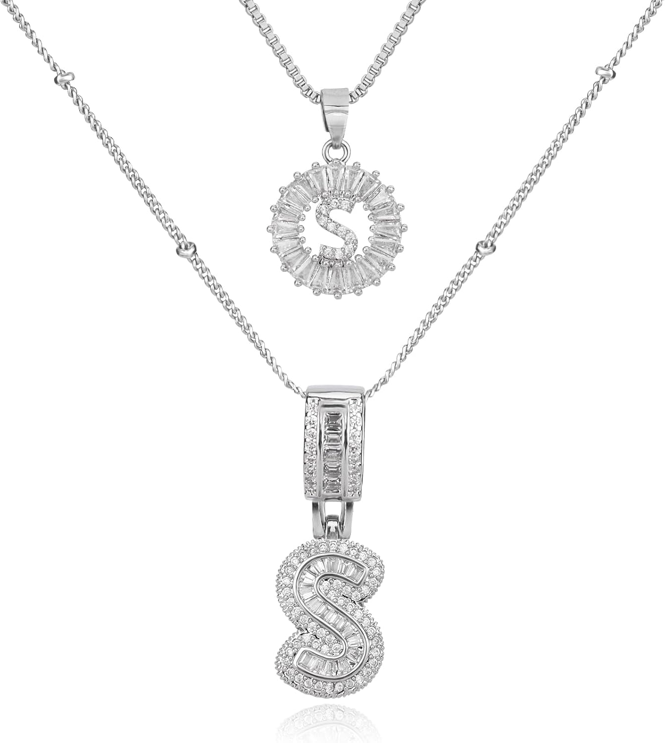 Initial Letter Necklace for Women 14k White Gold Silver Plated Dainty Necklaces Trendy Chunky Custom Layered Necklace Set Personalized Round Circle Zirconia A-Z Letter Chain Pendant Jewelry Gift