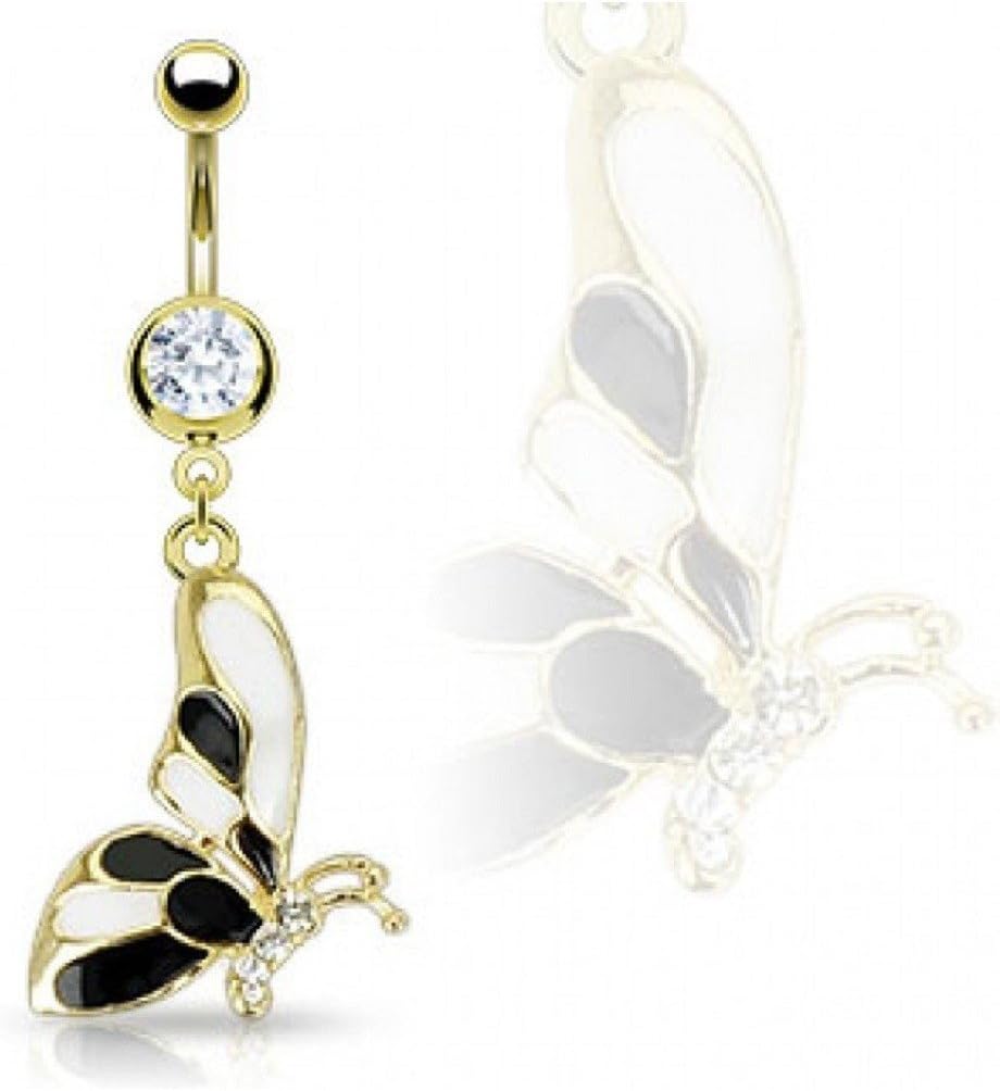 DSJ Stainless Steel/14kt Gold Plated Clear CZ Gem Navel Ring with Black and White Butterfly Dangle Charm