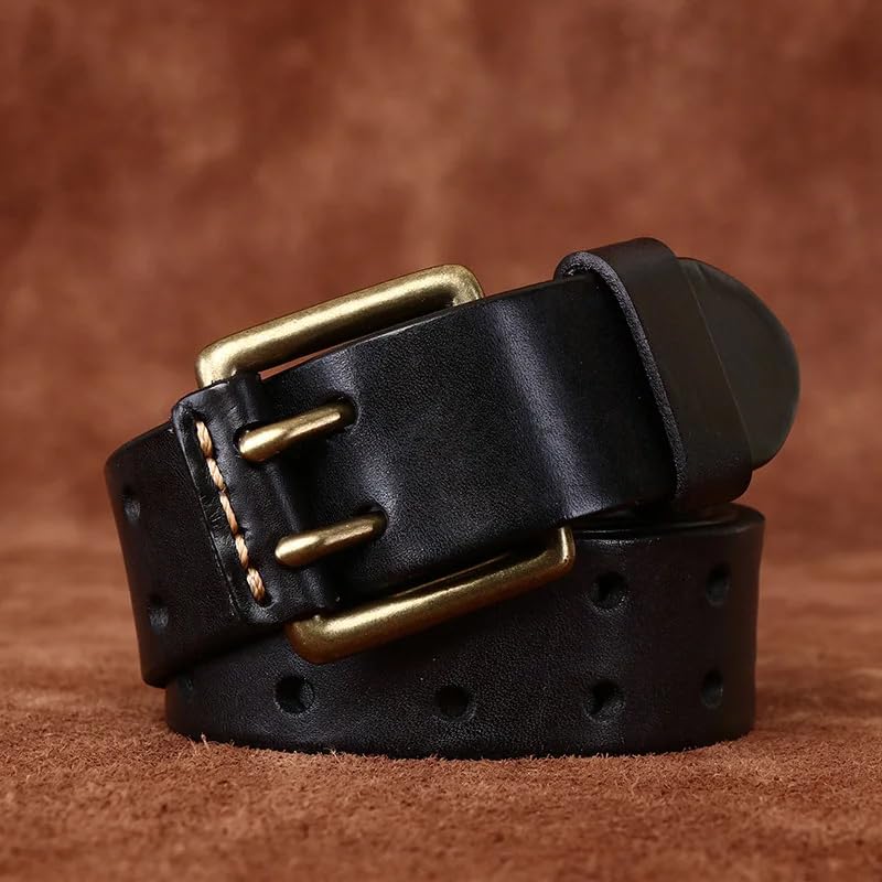Pulcykp Men's and Women's Thick Leather Double Needle Buckle Belt4