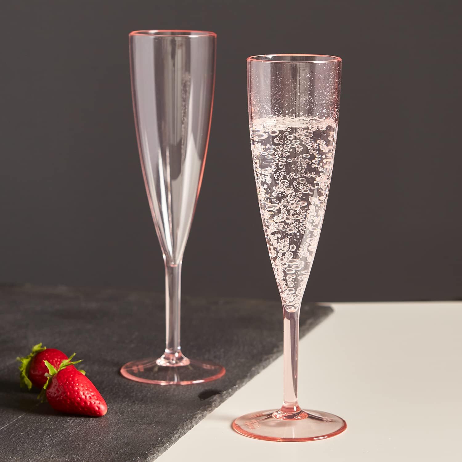 US Acrylic Plastic Reusable Champagne Flute (Set of 12) Rose Pink 5oz Stems | BPA-Free, Shatterproof, Made in USA | Top-Rack Dishwasher Safe
