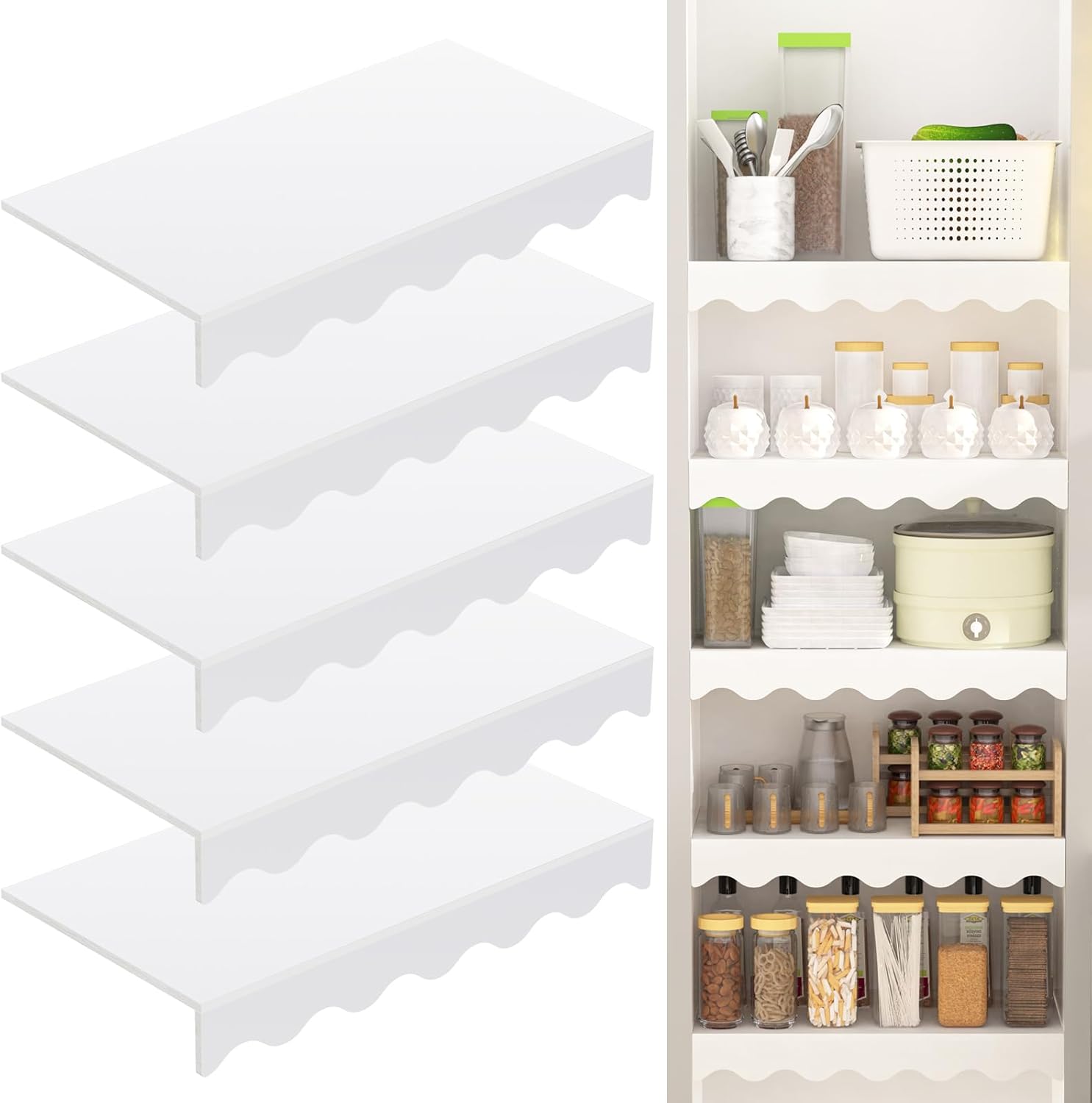 5PCS Wire Shelf Cover 33 x 16 Inch, Wood Wire Rack Covers for Pantry, Decorative Wooden Shelf Rack for Closet Storeroom Kitchen Bathroom Hallway Mudroom (White,Wave)