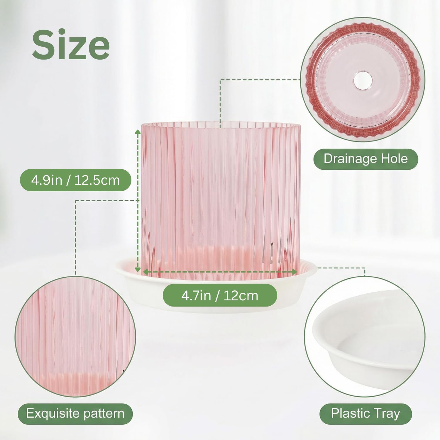 Pink Glass Plant Pots Indoor, 5 inch Clear Orchid Pots with Drainage Holes & Trays, Small Glass Planter for Indoor Plants, Herbs, Succulent Flower Planter with Ribbed Texture, Set of 2
