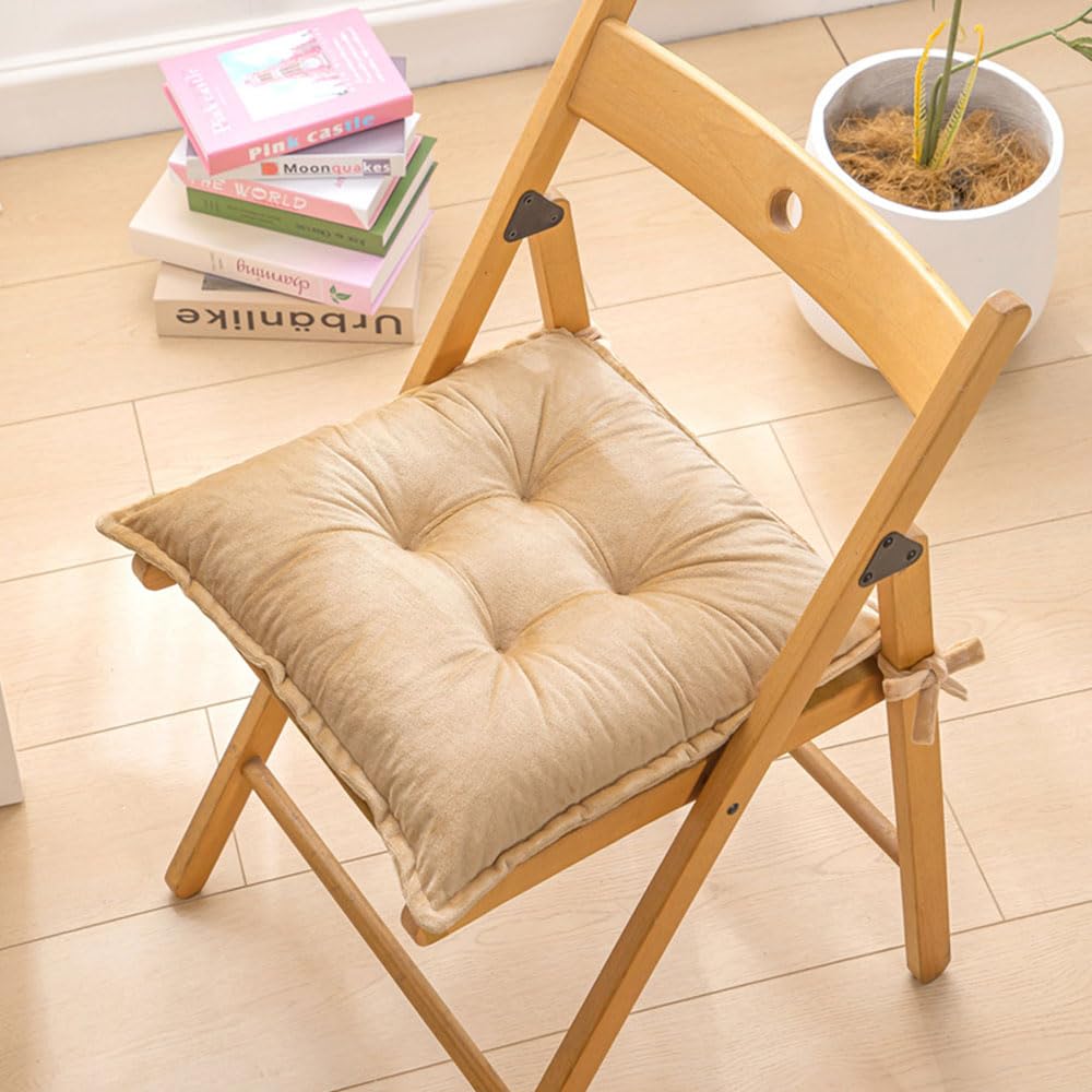 Hixingo Set of 2 Chair Cushions, Seat Cushions with Ties for Dining Kitchen, Plush Garden Chair Cushions Washable Solid Color Seat Pads (40x40cm(Pack of 2),Camel)