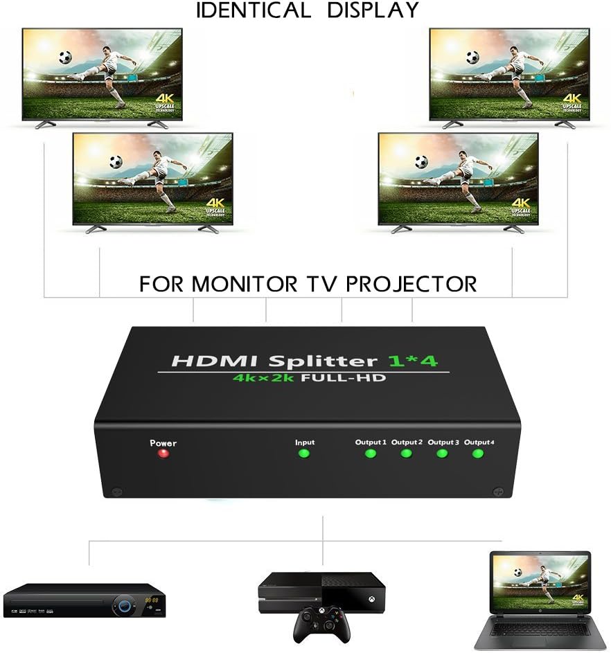 Hhusali 1x4 HDMI Splitter 1 In 4 Out Digital 1 x 4 Splitters with Full HD 4K x 2K, 3840 × 2160, 3D Support