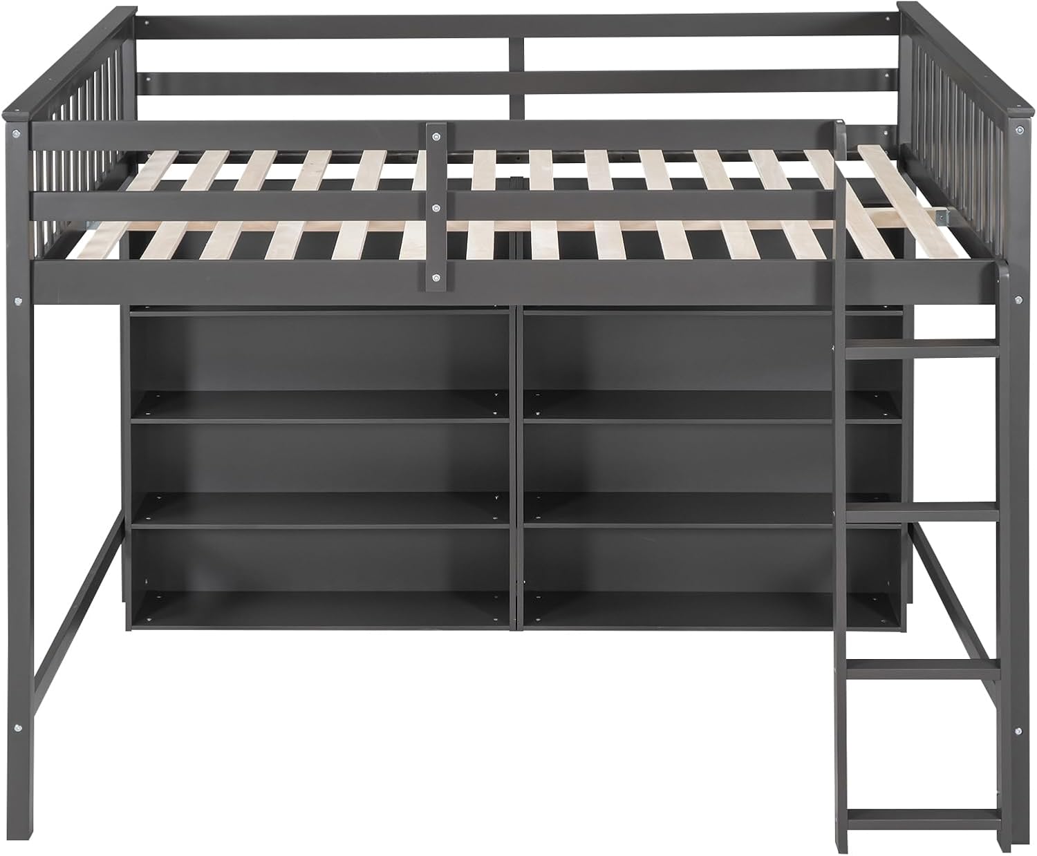 Full Size Modern Loft Bed with 8 Open Storage Shelves, Space Saving Solid Wood Loft Bed Frame with Built-in Ladder and Full-Length Guardrail for Kids Teens Boys Girls (Gray, Full)