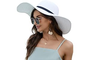 Women's Elegant Wide Brim White Sand Panama Roll-Up Beach Hat with Chin Strap