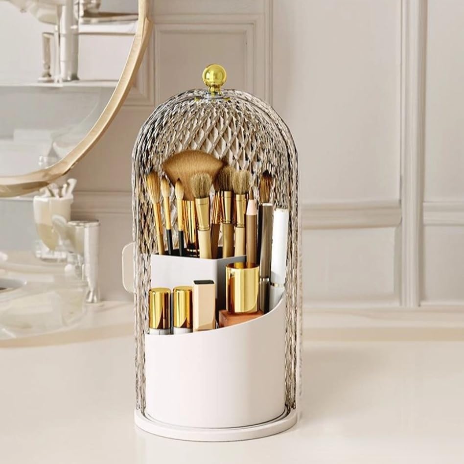 Makeup Brush Holder Organizer with 360° Rotating Lid Dustproof Makeup Brushes Organizer for Vanity Desktop Bathroom Countertop Clear Cover Easy Visibility (White) - Image 2