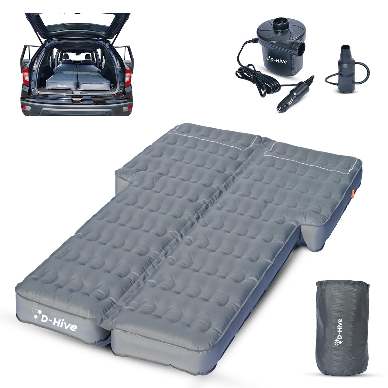 D-Hive Unbeatable Durability SUV Air Mattress for Car Camping, Durable Extra Thick 300D Oxford Fabric, Quick Easy Set-Up w/Electric Pump, Car Bed Mattress, Mattress for SUV, Air Mattress