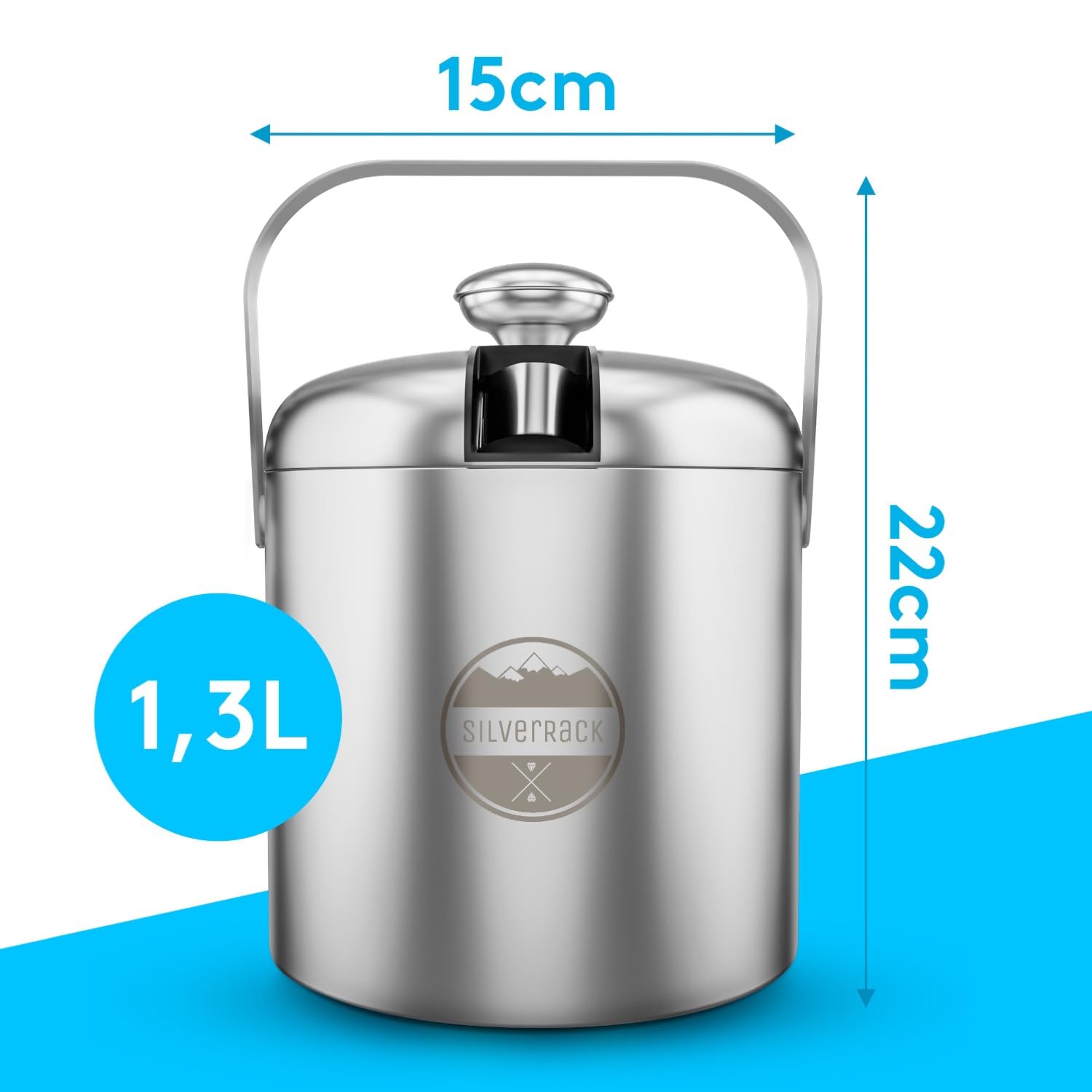 SilverRack Cubitera de acero inoxidable con pinzas y tapa (1,3 l) – Contenedor de hielo para cubitos de hielo y frutas, ideal para fiestas y bodas – Cubitera de hielo