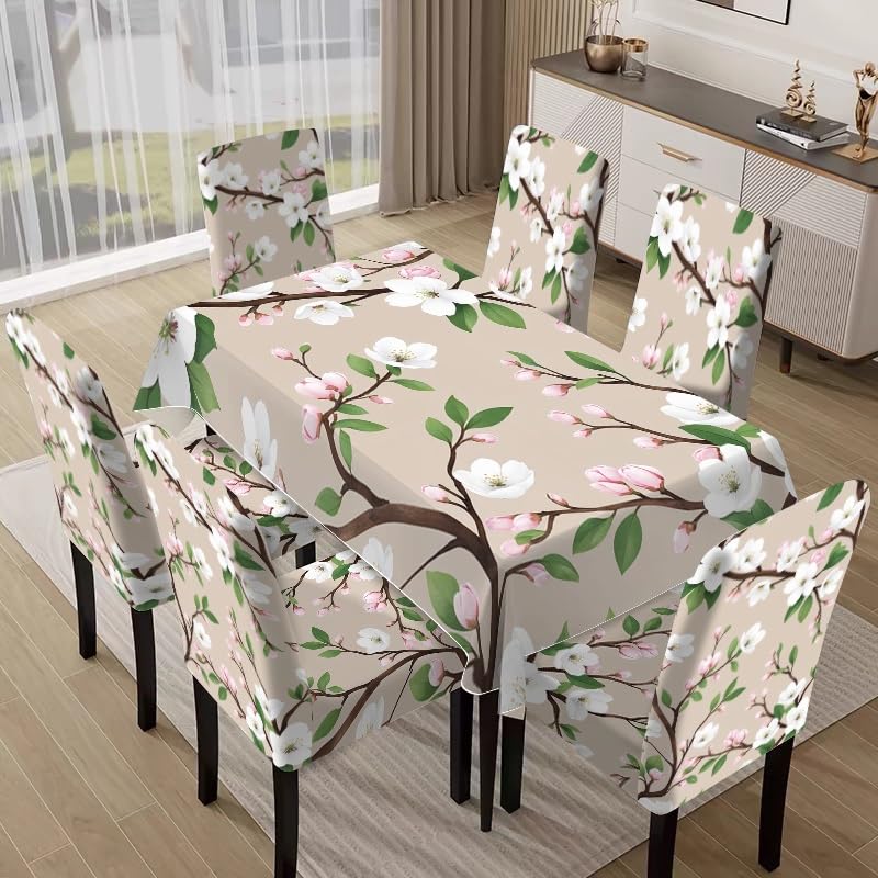 Nappe et housses de chaise fleurs cerisier beige decor de table - 5
