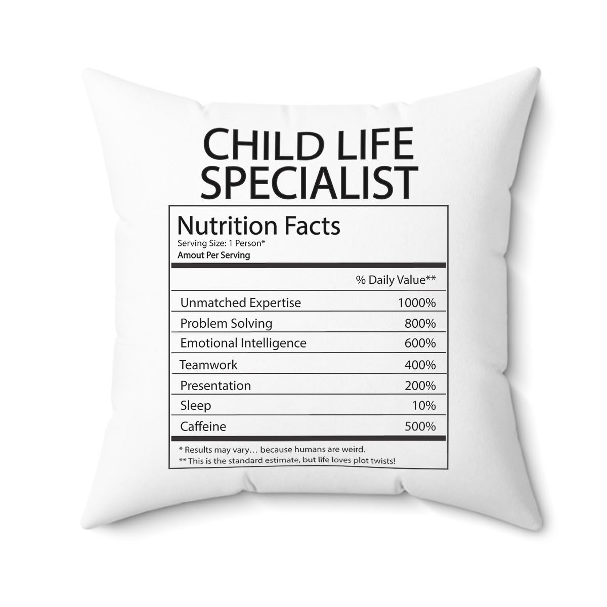 DesiDD Child Life Specialist Nutrition Facts Pillow - Funny Gifts for Pediatric Specialist Staff Employee Boss Manager Birthday Christmas Couch Living Room Bed - Cover & Insert 16x16 Inch