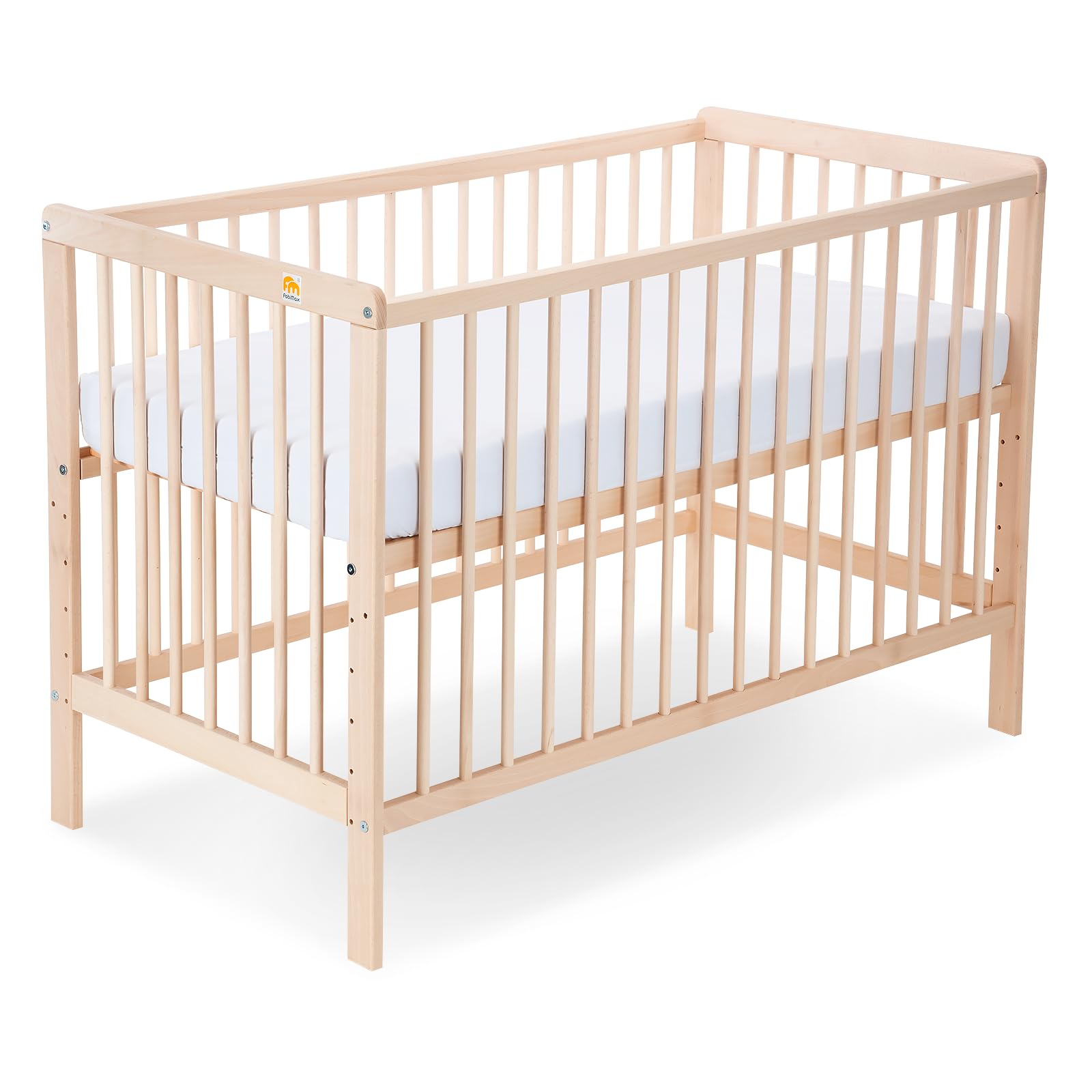 FabiMax Babybett Kinderbett Nubi Natur 120x60cm, aus naturbelassenem Buchenholz, 6-Fach höhenverstellbar, mit 4 Schlupfsprossen (Matratze Premium, Natur)