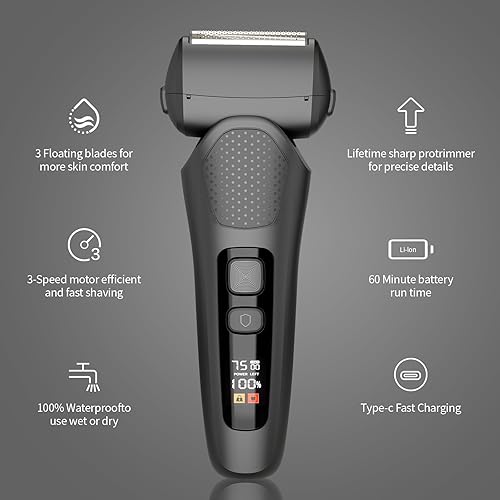Miniatura 4 de Maquinilla de afeitar eléctrica para hombres con recortadora emergente, afeitadora de lámina mejorada con 3 cuchillas flotantes IPX7, impermeable,