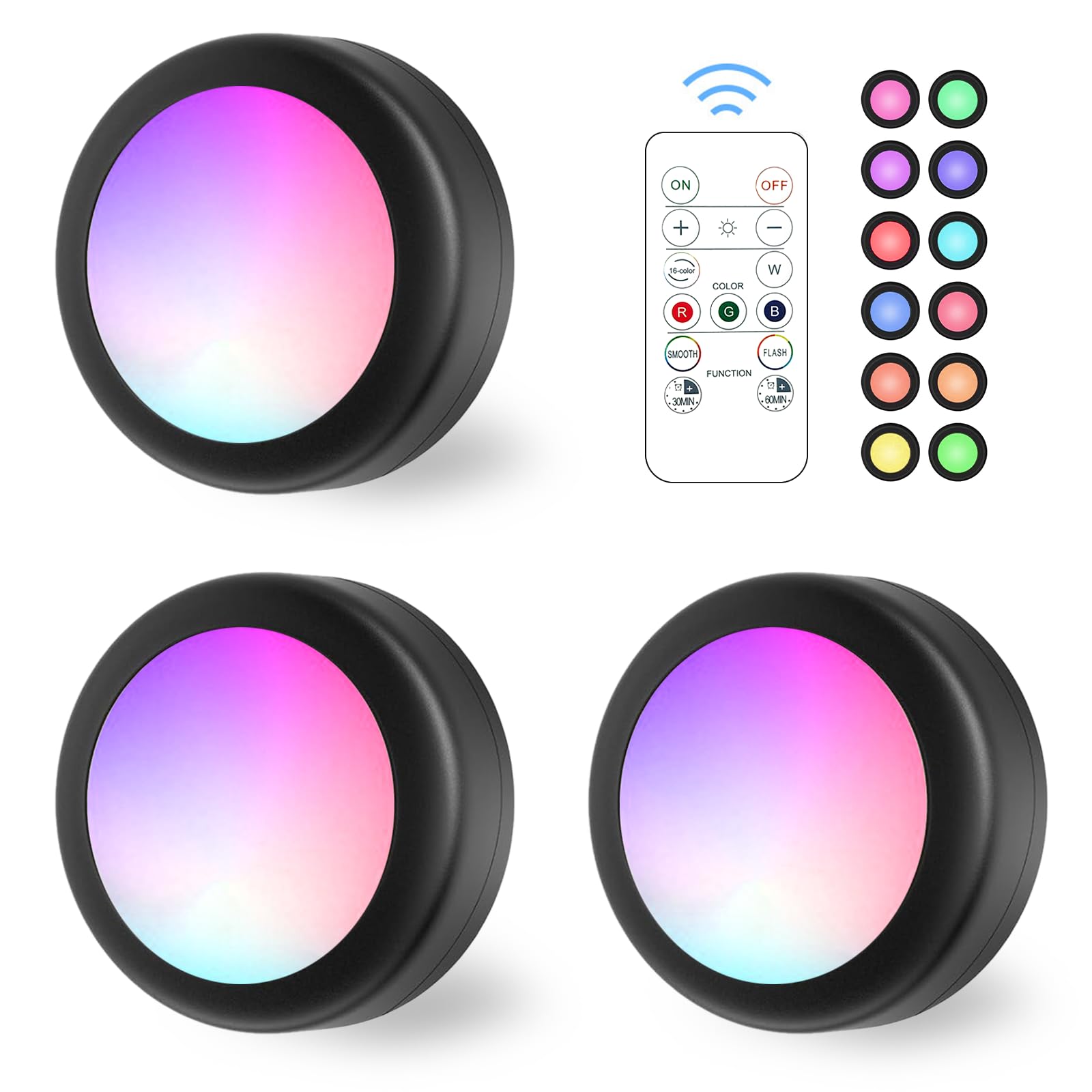 Lilampts LED Puck Lights with Remote Control, 16 Color Changeable Under Cabinet Lights with Control & Timing, Battery Operated Wireless Closet Lights for Closet, Bedroom,Kitchen,3 Pack - Black