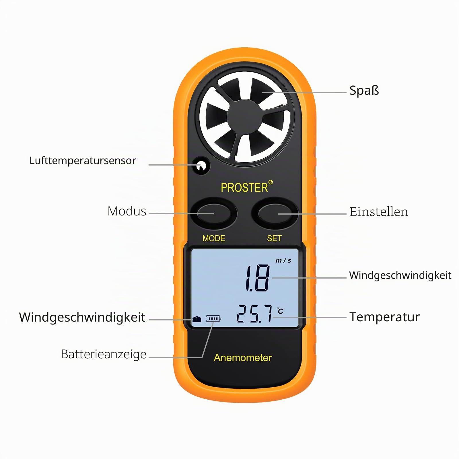 Proster Anemometer - Handliches Windgeschwindigkeitsmesser mit Hintergrundbeleuchtung LCD-Windmesser Wind Luftstromgeschwindigkeit Messgeschwindigkeit und Temperatur für RC-Drohnen Windsurfen