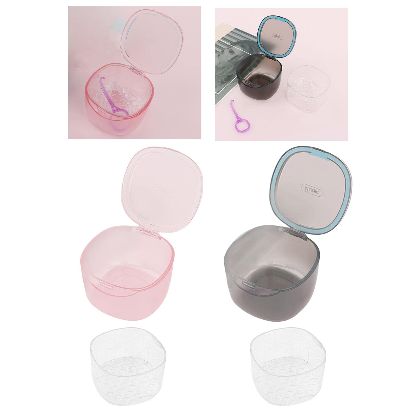 ELBME® Denture Bath Box Organizer Cleaner Case with Hanging Net for Retainer Travel Transparent Pink-image-21