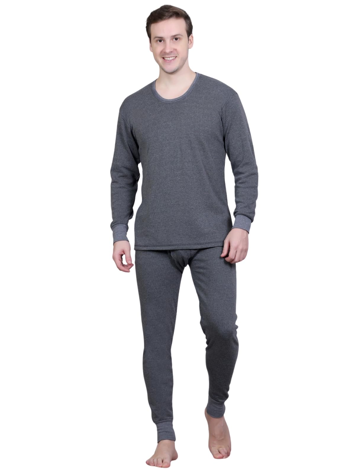 Men Cotton Blend Thermal Set | Full Sleeve Scoop Neck Top & Bottom, Solid Mens Thermals Suit Charcoal-image-47