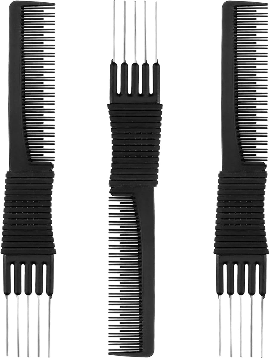 Leinuosen 3 Pack Teasing Combs with Metal Pick, Black | Dual-ended for Backcombing and Updos, Fine-tooth Design for Volume Styling, Hair Pick Comb for Women, Carbon Lift