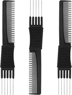 Leinuosen 3-Pack Carbon Lift Teasing Combs with Metal Prongs - Heat-Resistant Hair Pick for Women Styling, Black