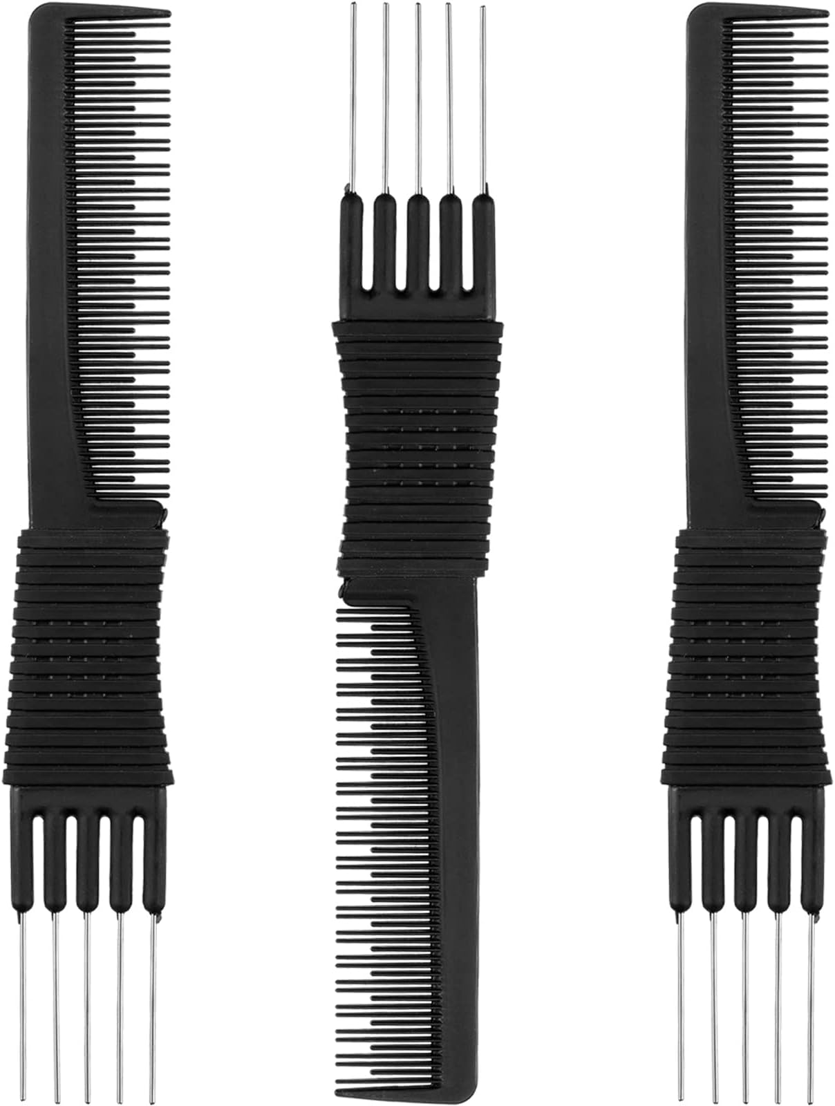 3 Pack Black Carbon Lift Teasing Combs with Metal Prong, Salon Teasing Back Combs, Black Carbon Comb with Stainless Steel Lift (Style A)