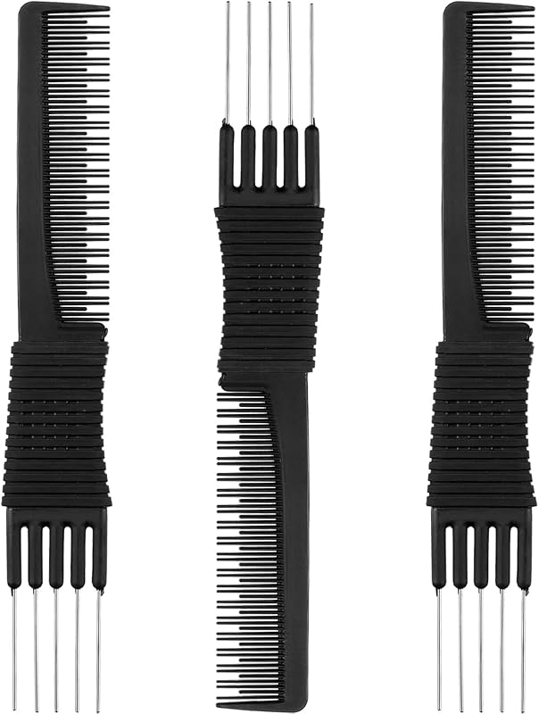 Leinuosen 3 Pack Teasing Combs with Metal Pick, Black | Dual-ended for Backcombing and Updos, Fine-tooth Design for Volume Styling, Hair Pick Comb for Women, Carbon Lift