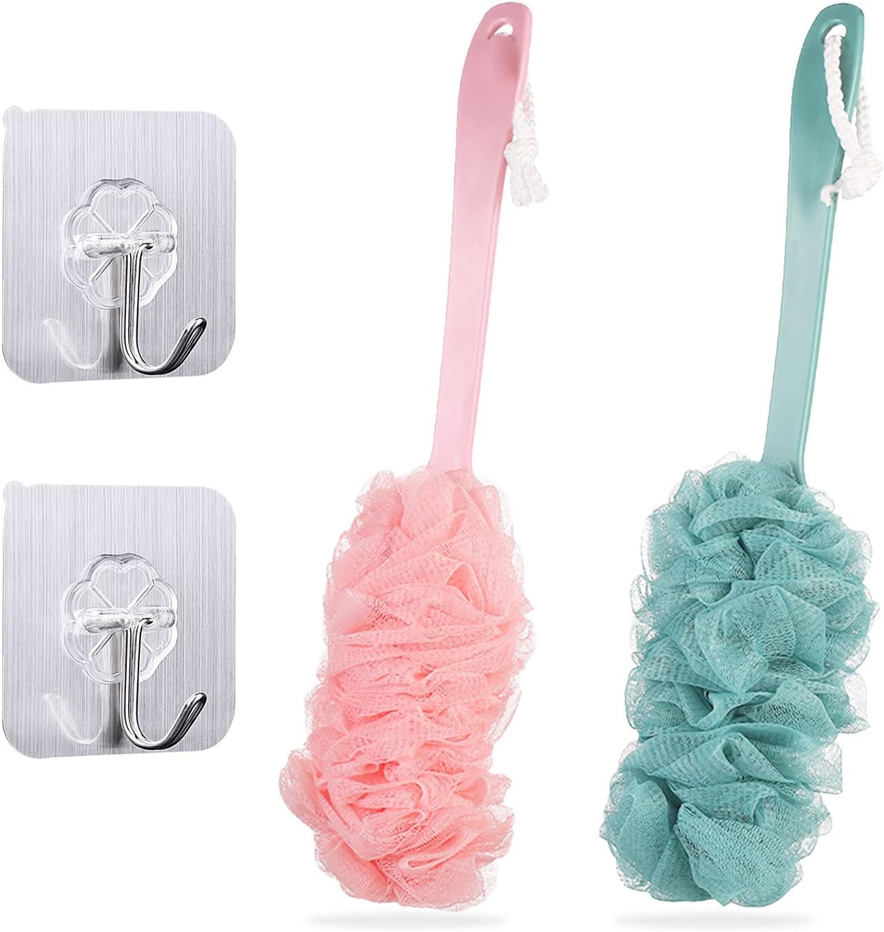 TSHAOUN 2 Pieces Long Handle Bath Brush, Shower Body Brushes with Bath Net Sponge Soft Mesh, Back Brush Scrubber Shower Loofah for Men and Women Exfoliating and Removing Dead Skin (Blue and Pink)