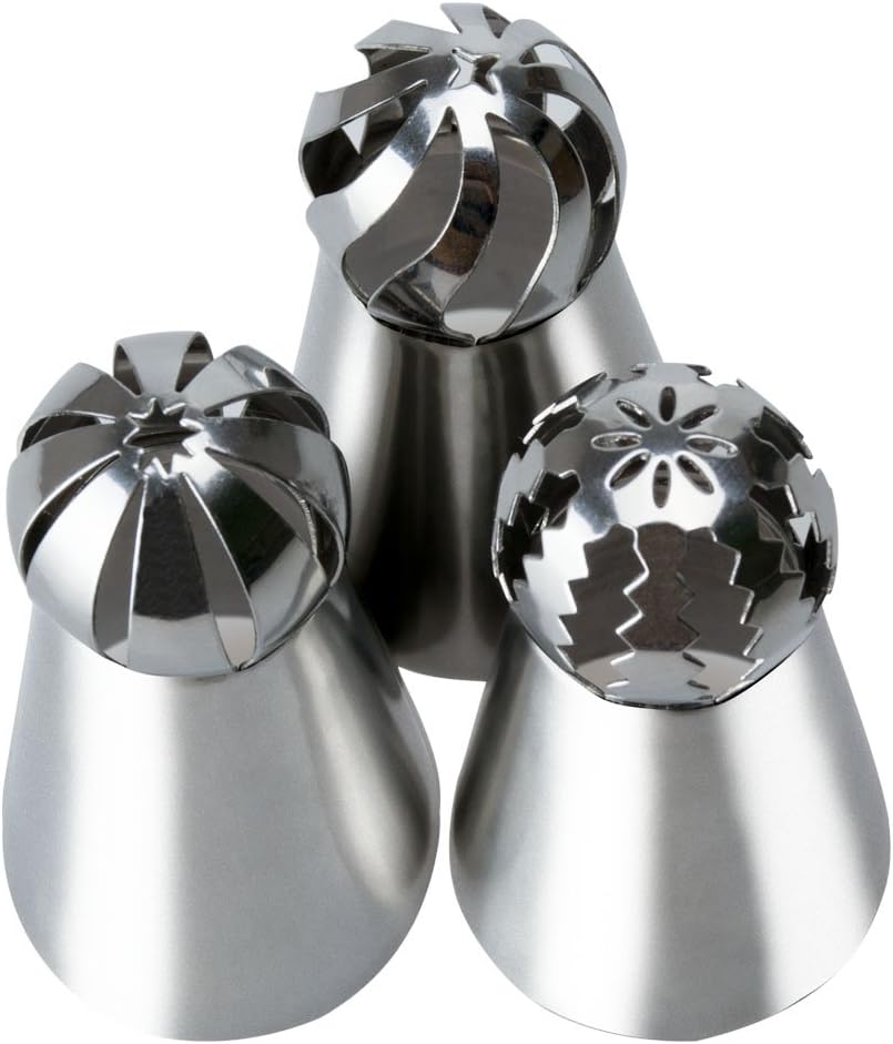 LAVAVIDA 3 Pcs Russian Piping Tips, Professional Stainless Steel Sphere Ball Icing Nozzle, Best Cake Decorating Supplies/DIY Baking Tool Kit, Bonus 12'' Reusable Silicone Pastry Bag (NEW)