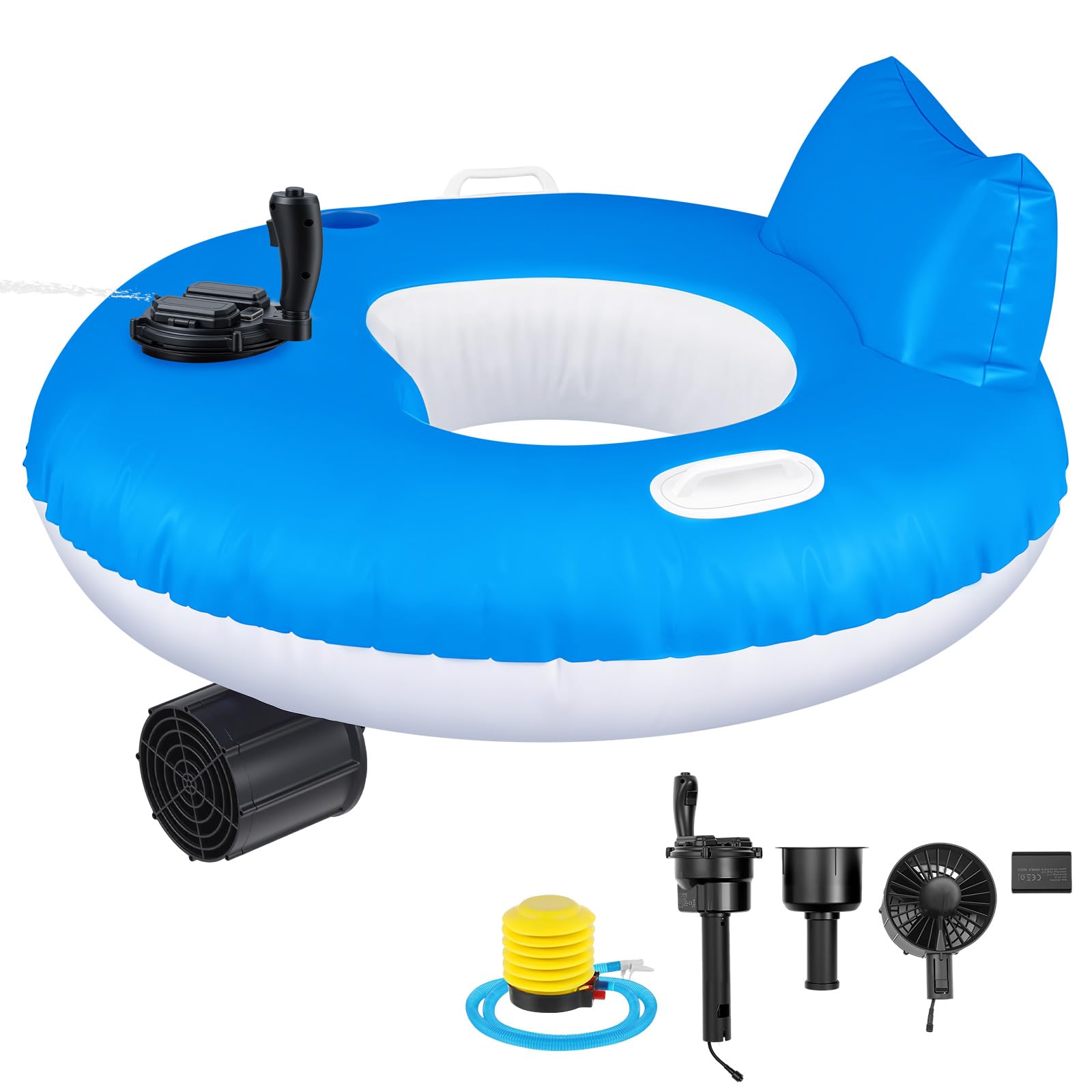 Photo 1 of Grinsvalley Motorized Pool Float with Rechargeable Battery, Foot Pump and Water Sprayer, Inflatable Lounger with Backrest and Cup Holder, 360° Control Float Tube for Adults Teens 14+, 47.24 in