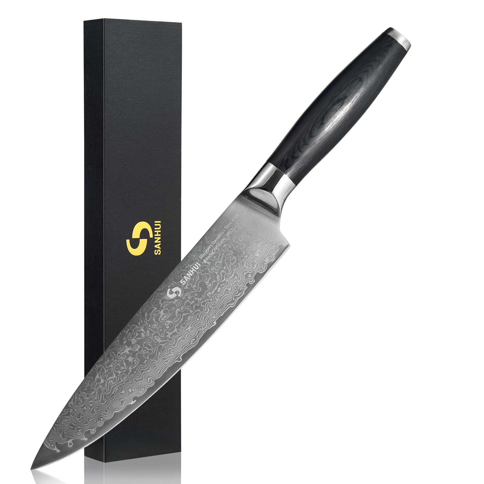 SANHUI 8" Damascus Chef Knife,Ergonomic Black Pakkawood Handle