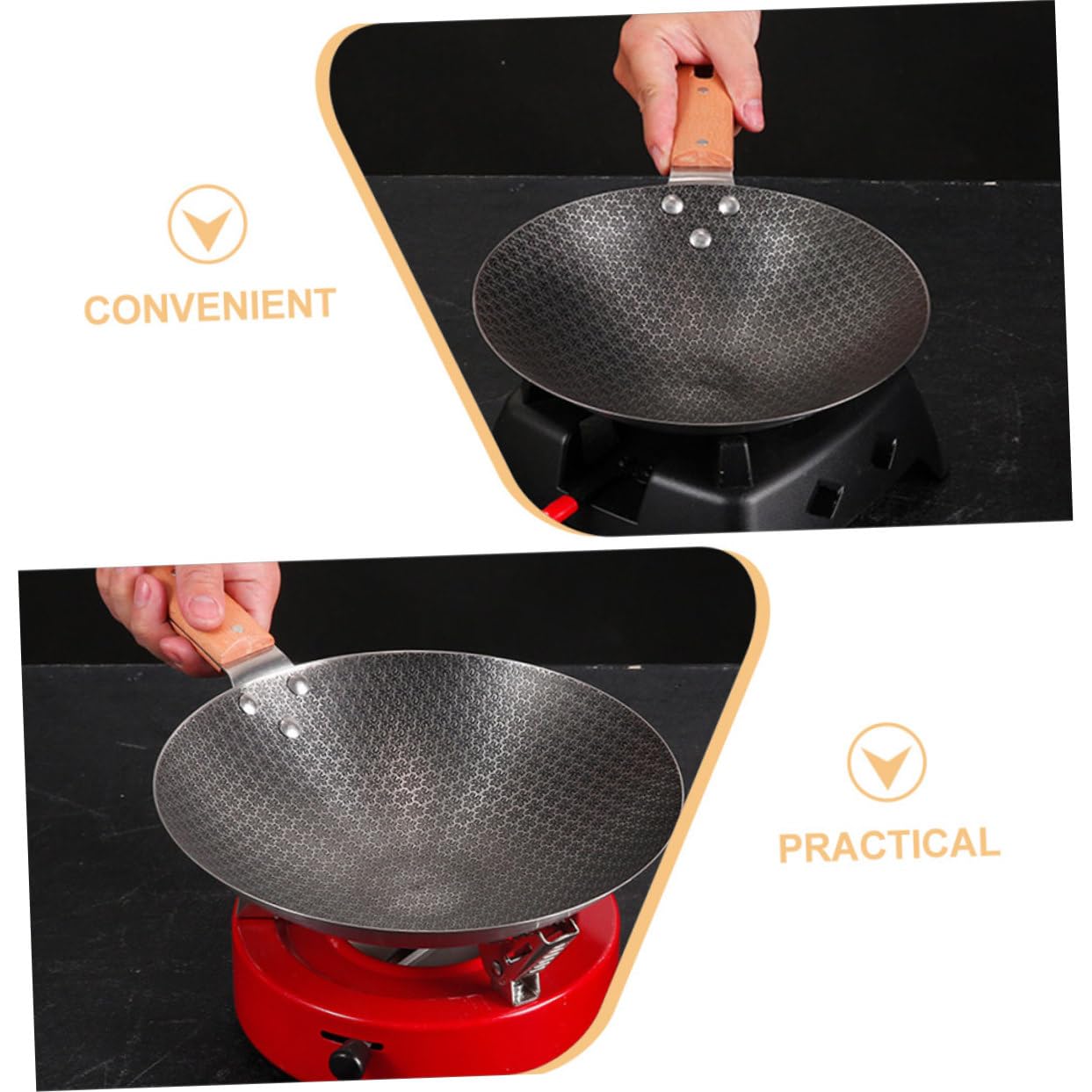 Abaodam Wok da Cucina Piccolo in Ferro Manico in Legno, Rotondo | Superficie Liscia Stile Giapponese Facile da Pulire e Uso Outdoor Ristorazione Occidentale