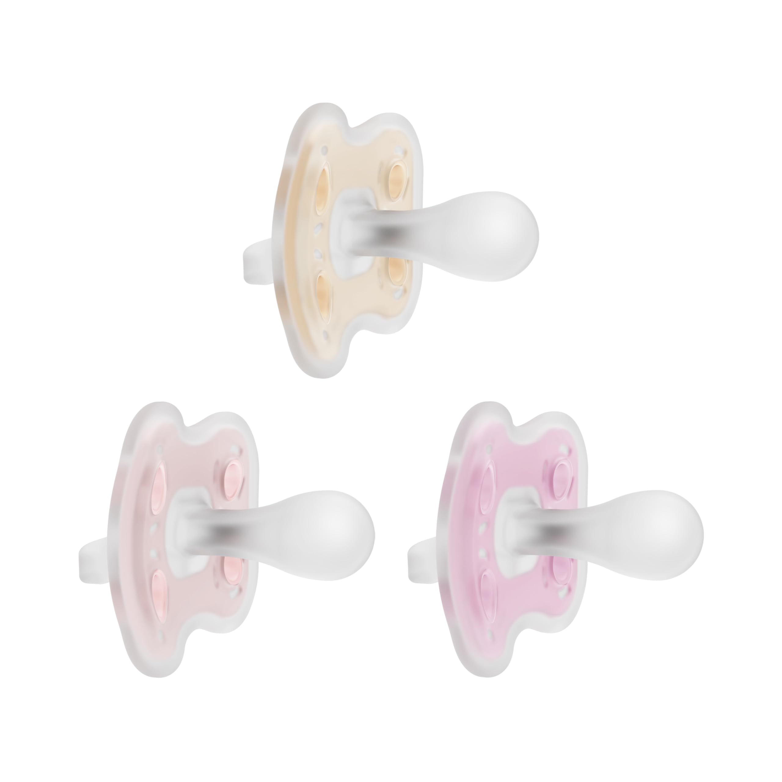 Dr Browns Advantage One-Piece Silicone Baby Pacifier Fully Symmetrical Soother Ecru Light Pink Pink 0-6m BPA-Free 3-Pack