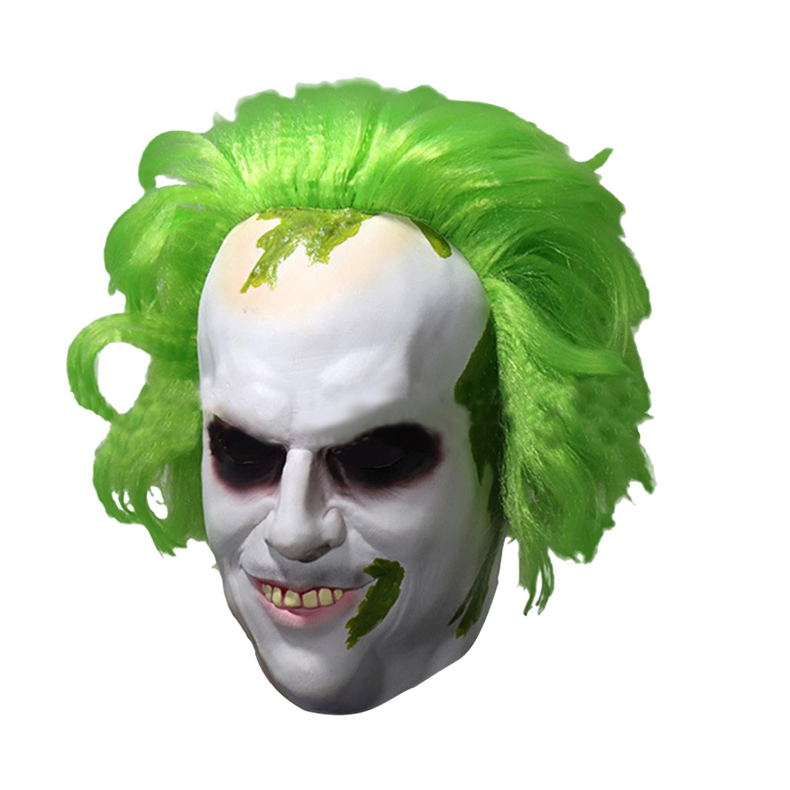Beetlejuices Head Masks, Horror Movie Latex Masks with Green Wig, Comfort and Breathability Halloween Scary Full Head Face Covers Cosplay Costume Accessory for Adults