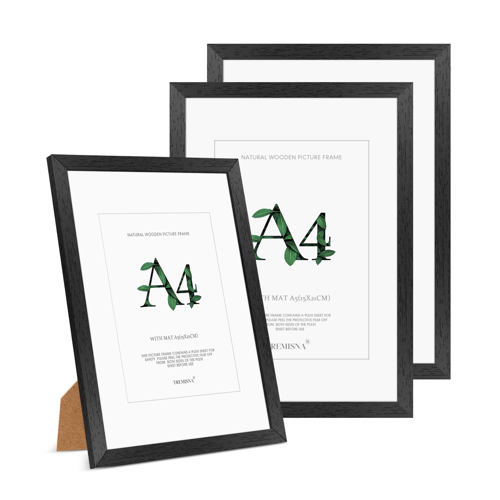 Tremisna® 3x A4(21x29.7cm) Black Wood Picture Frame –Removable Mat for A5 (14.8x21cm) or A4 Without Mat, HD Perspex, Stand & Wall Hanging