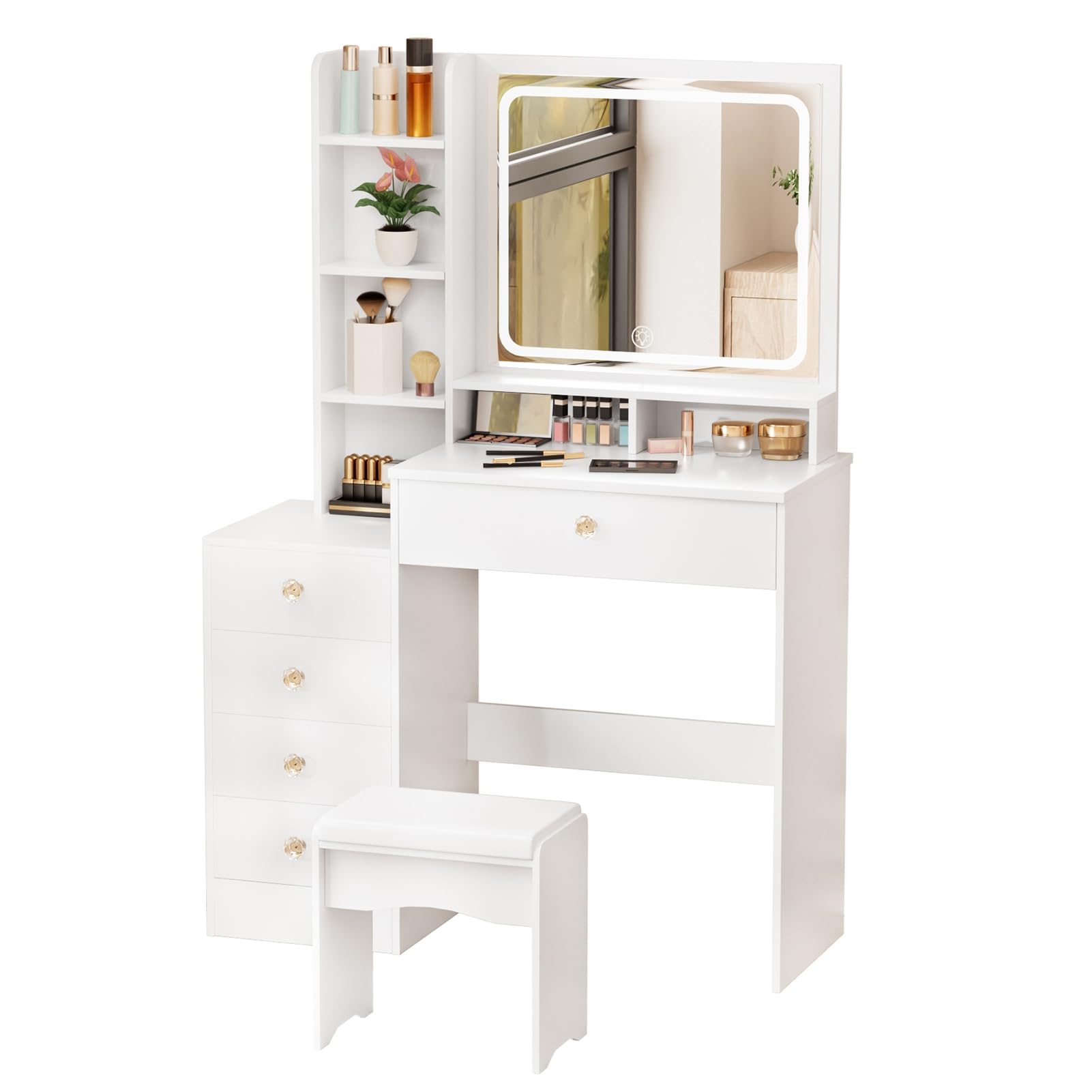 Wilitto Vanity Desk with Mirror and Lights,Vanity Table Makeup Vanity with Upholstered Vanity Stool with 5 Drawers and Opening Shelves Dressing Table Set with Chair for Bedroom Dressing Room White UK