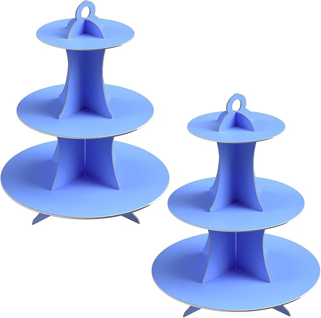 2 Pack Blue Cardboard Cupcake Stand 3- Tier Dessert Stand Round Cupcake Holder Tower for Birthdays, Party, Baby Showers
