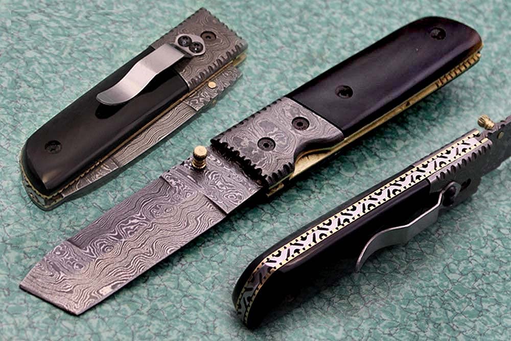 Damascus steel Tanto blade Folding Knife with pocket clip, Bull horn & Damascus bolster scale, Cow hide leather sheath, equipped with Thumb knob & liner lock