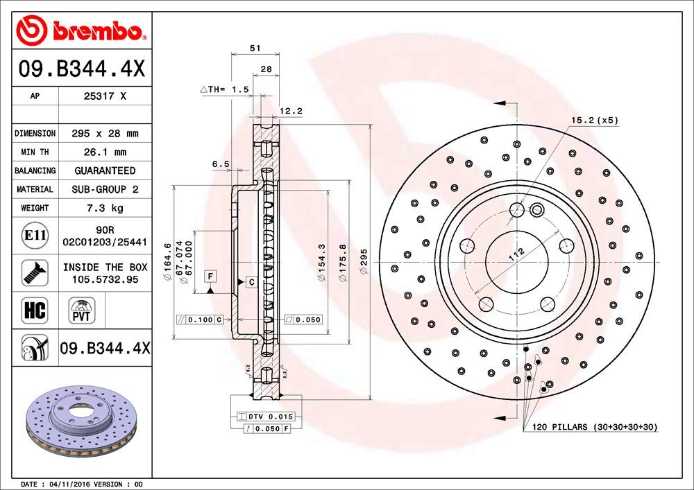 Brembo Xtra 09.B344.4X - Disco Freno Forato Anteriore, Set di 2