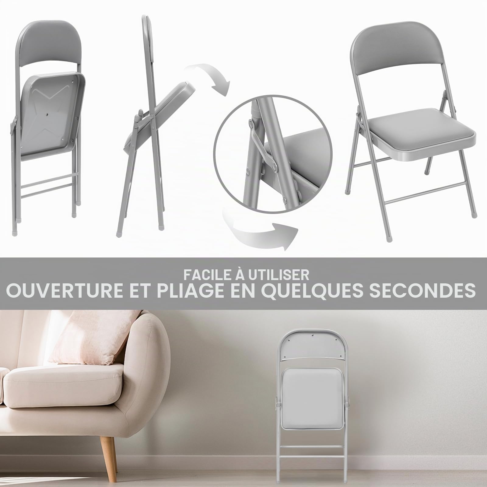 Lot de 4 chaises de Jardin Pliantes exterieures - Charge maximale : 150 kg - Chaise Pliable pour Jardin, Bureau, Chambre,Cuisine, Camping, Salle à Manger, Balcon - Gris Chaise Pliable