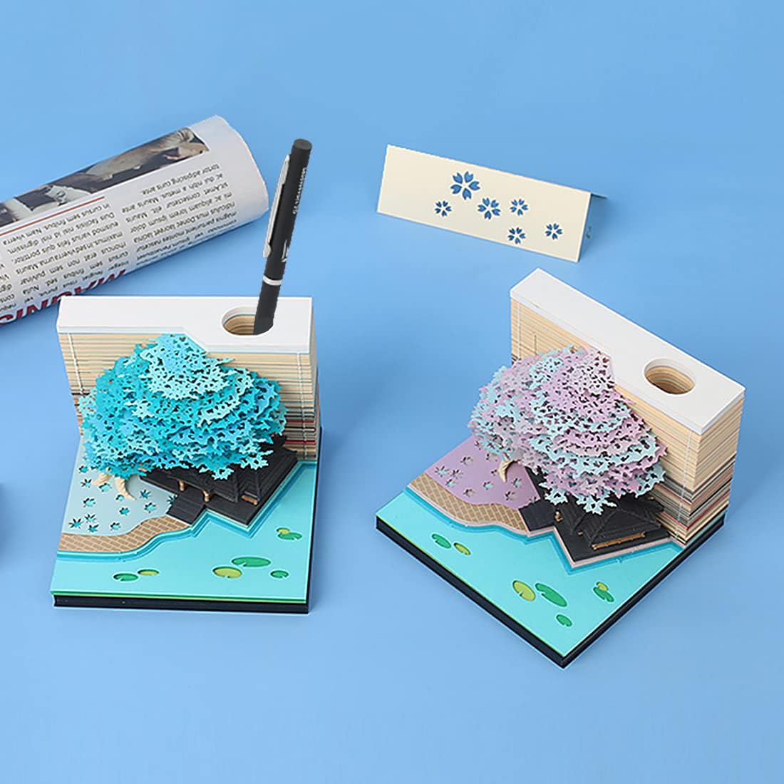 3D Memo Pad Tree Model Colorful 3D Sticky Notes Paper Notes,3D Art Notepad with Pen Holder LED(Purple Marriage Tree)