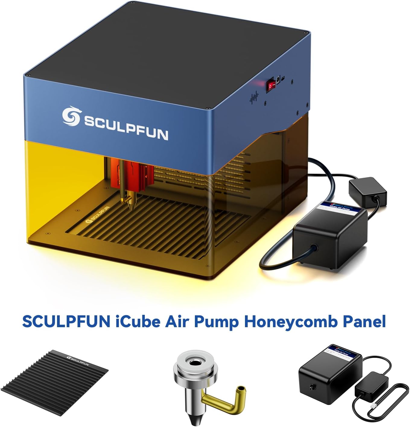 SCULPFUN iCube Air Pump Honeycomb Panel 2 in 1 for CNC Laser Cutting and Desktop Protection, Air Assist Pump Kit with 15L/Min, High Stability, Low Noise, Removes Smoke and Dust
