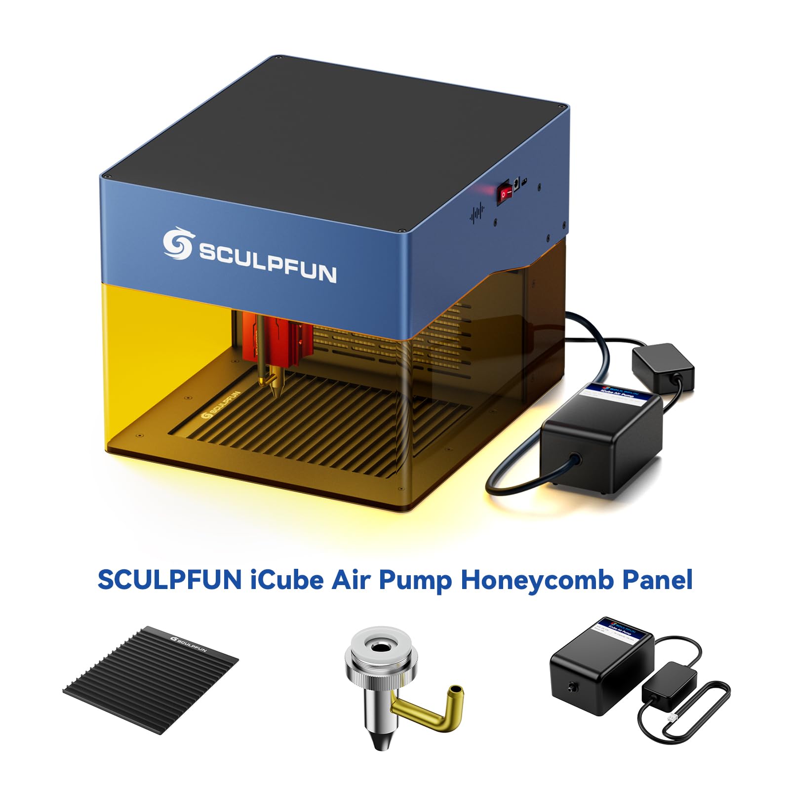 SCULPFUN iCube Air Assist e Nido d'Ape Tavolo da Lavoro, Pompa ad Aria per Macchina per Incisione Laser 3W/Pro 5W/Pro Max 10W - Accessori