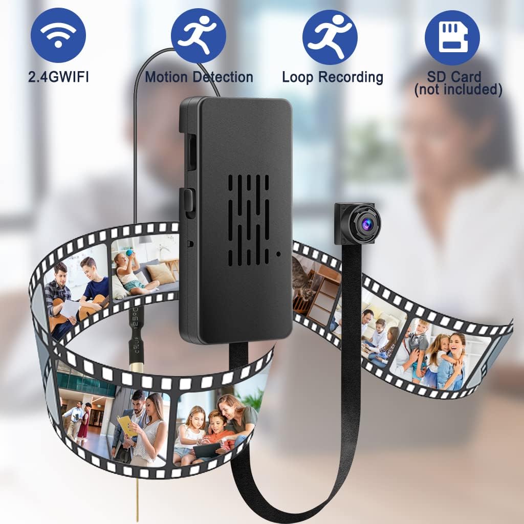 The QZT Mini WiFi Camera main unit with its flexible lens, surrounded by a filmstrip showing various recording scenarios like family moments and pets.